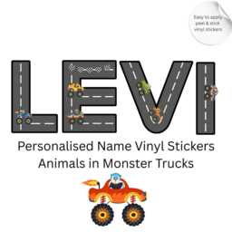 Personalized Name Stickers With Monster Trucks Animals Driving Hot Rods 3 Height Size Of Vinyl Letter - thumbnail 3