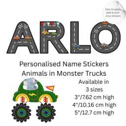Personalized Name Stickers With Monster Trucks Animals Driving Hot Rods 3 Height Size Of Vinyl Letter - thumbnail 1
