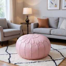 Next Day Delivery - Handmade Moroccan Leather Pouf Ottoman Pink Floor Cushion, Footstool Unprefilled - thumbnail 1