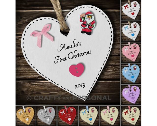 Personalised Baby's 1st First Christmas Bauble Wooden Heart Tree Ornament Or Magnet Gift For Boy Girl - image 1