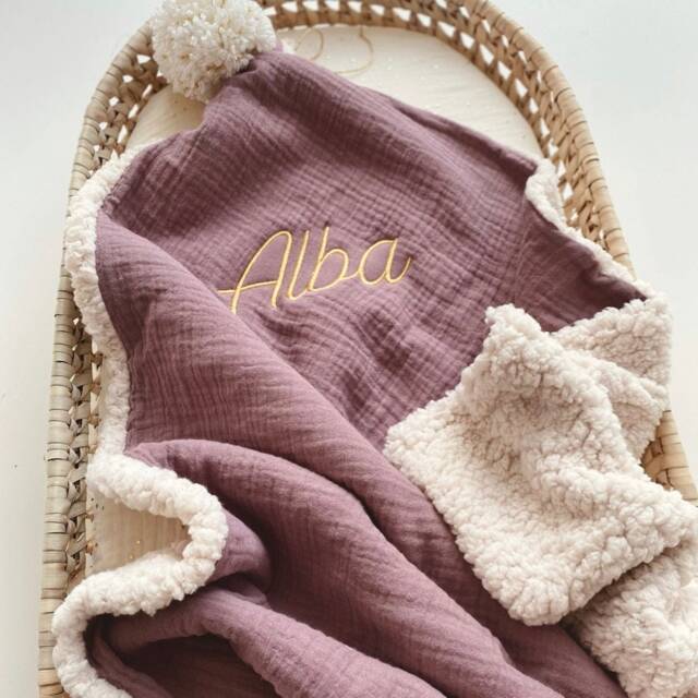 Faux Fur Baby Blanket Plum With Pompom - image 1
