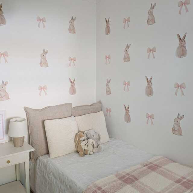 Fabric Nursery Wall Stickers - Bunnies & Pink Bows Removable Decals For Kids' Bedroom Or Playroom - image 1