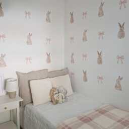 Fabric Nursery Wall Stickers - Bunnies & Pink Bows Removable Decals For Kids' Bedroom Or Playroom - thumbnail 1