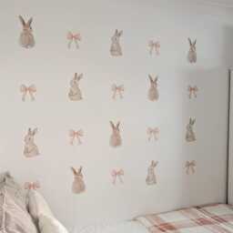 Fabric Nursery Wall Stickers - Bunnies & Pink Bows Removable Decals For Kids' Bedroom Or Playroom - thumbnail 2