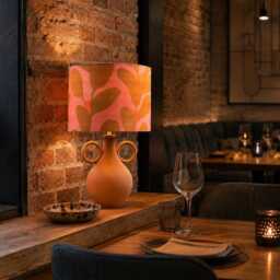 Postmodern Table Lamp Made Of A Terracotta Jug With Lampshade in Floral/Leaves Print - thumbnail 3