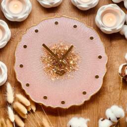 Clock, Wall Clock, Resin Art Grandfather Decoration, Art, Object, Gift, Flowers, Pink Clock With Gold Leaf - thumbnail 2