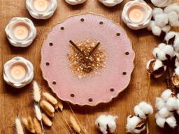 Clock, Wall Clock, Resin Art Grandfather Decoration, Art, Object, Gift, Flowers, Pink Clock With Gold Leaf