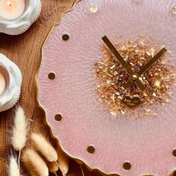 Clock, Wall Clock, Resin Art Grandfather Decoration, Art, Object, Gift, Flowers, Pink Clock With Gold Leaf - thumbnail 3