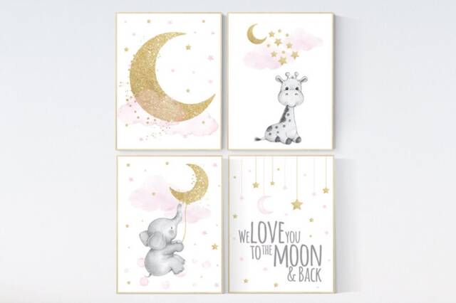 Elephant Nursery Decor Pink & Gold Moon, Stars Wall Art Print - image 1