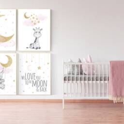 Elephant Nursery Decor Pink & Gold Moon, Stars Wall Art Print - thumbnail 2