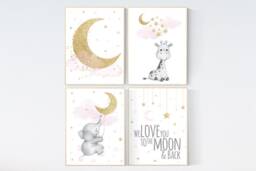 Elephant Nursery Decor Pink & Gold Moon, Stars Wall Art Print - thumbnail 1