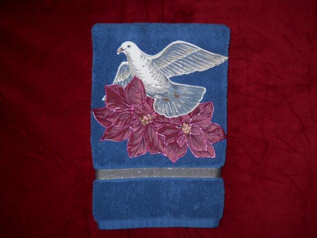 Christmas Hand Towel Appliqued Dove & Poinsettia, Blue Cotton Towel - image 1