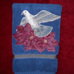 Christmas Hand Towel Appliqued Dove & Poinsettia, Blue Cotton Towel - thumbnail 2