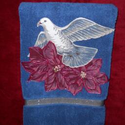 Christmas Hand Towel Appliqued Dove & Poinsettia, Blue Cotton Towel - thumbnail 4