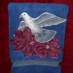 Christmas Hand Towel Appliqued Dove & Poinsettia, Blue Cotton Towel - thumbnail 3
