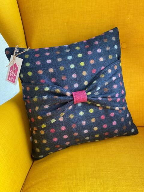 Tweed Bow Cushion - Decorative Pillow Throw Sofa Seat Polka Dot Farm House Decor - image 1