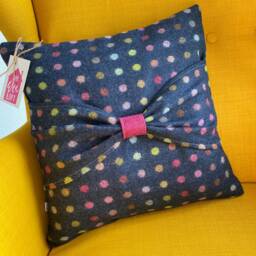 Tweed Bow Cushion - Decorative Pillow Throw Sofa Seat Polka Dot Farm House Decor - thumbnail 2