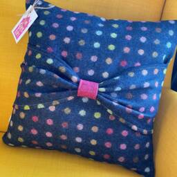 Tweed Bow Cushion - Decorative Pillow Throw Sofa Seat Polka Dot Farm House Decor - thumbnail 3