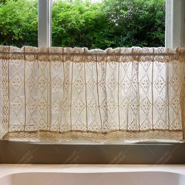 Crochet Kitchen Short Curtain, Vintage Style Half-Sheer Curtain For Small Windows - image 1