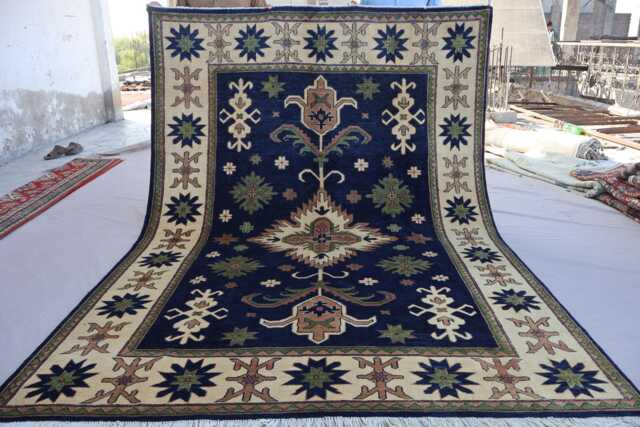 One Of A Kind Rare Rug 6x9 Dark Blue Afghan Kazak Rug, Hand Knotted Veg Dyes Wool Geometric Oriental Area Bedroom, Living Room Rug - image 1