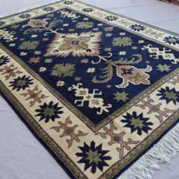 One Of A Kind Rare Rug 6x9 Dark Blue Afghan Kazak Rug, Hand Knotted Veg Dyes Wool Geometric Oriental Area Bedroom, Living Room Rug - thumbnail 2