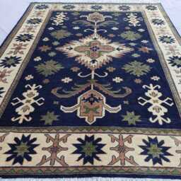 One Of A Kind Rare Rug 6x9 Dark Blue Afghan Kazak Rug, Hand Knotted Veg Dyes Wool Geometric Oriental Area Bedroom, Living Room Rug - thumbnail 3
