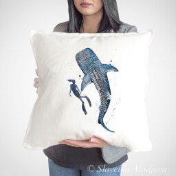 Scuba Diving With Whale Shark Throw Pillow Cover By Slaveika Aladjova, Cushion Cover, Decorative Pillow Cover, Animal Art, Watercolor - thumbnail 1
