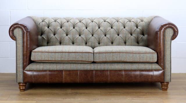 Harris Tweed 2 Seater Chesterfield Sofa L002H Medium Brown Leather - image 1