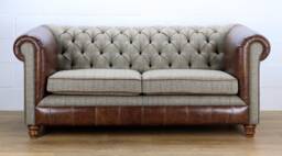 Harris Tweed 2 Seater Chesterfield Sofa L002H Medium Brown Leather