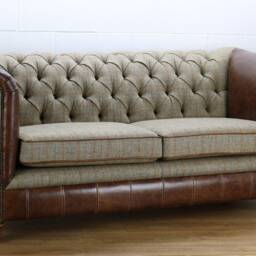 Harris Tweed 2 Seater Chesterfield Sofa L002H Medium Brown Leather - thumbnail 2