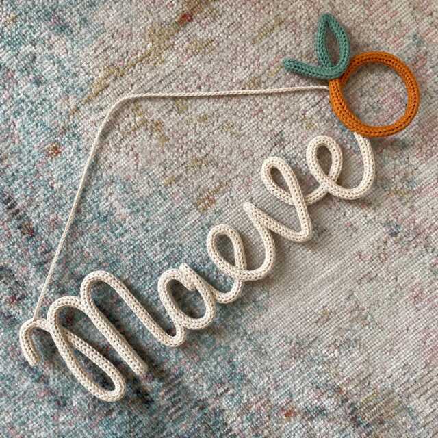 Knitted Name Sign With Clementine Personalised Crochet Orange Wire Wall Art - image 1