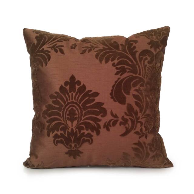 Light Brown Pillow, Throw Pillow Cover, Decorative Pillowcase, Accent Silk Blend, Chocolate Velvet Floral Detail - image 1