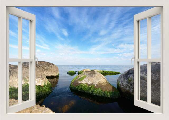Stones Wall Decal Mural, Rocks Decal, 3D Window View Sea Nature Sticker, Living Room Home Decor