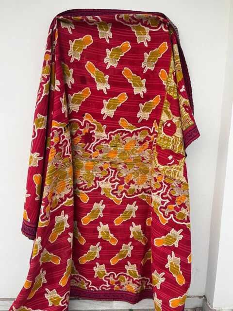 Traditional Patchwork Kantha Quilt Reversible Block Print Cotton Handmade Throw - image 1