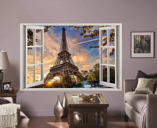 3D Wall Sticker Window View Of The Eiffel Tower/Decal Paris Self-Adhesive Tower Wallpaper - image 1