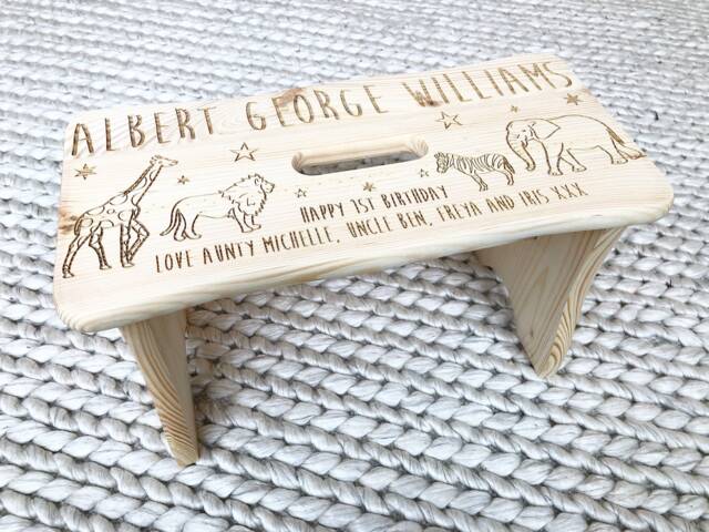 1St Birthday Gift, Unisex, Personalised Stool, Chair, Childs Step Safari Theme, Nursery Decor, Wooden Stool - image 1