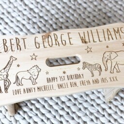 1St Birthday Gift, Unisex, Personalised Stool, Chair, Childs Step Safari Theme, Nursery Decor, Wooden Stool - thumbnail 2