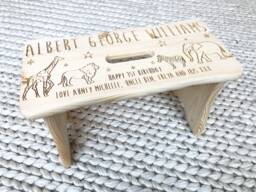 1St Birthday Gift, Unisex, Personalised Stool, Chair, Childs Step Safari Theme, Nursery Decor, Wooden Stool - thumbnail 1