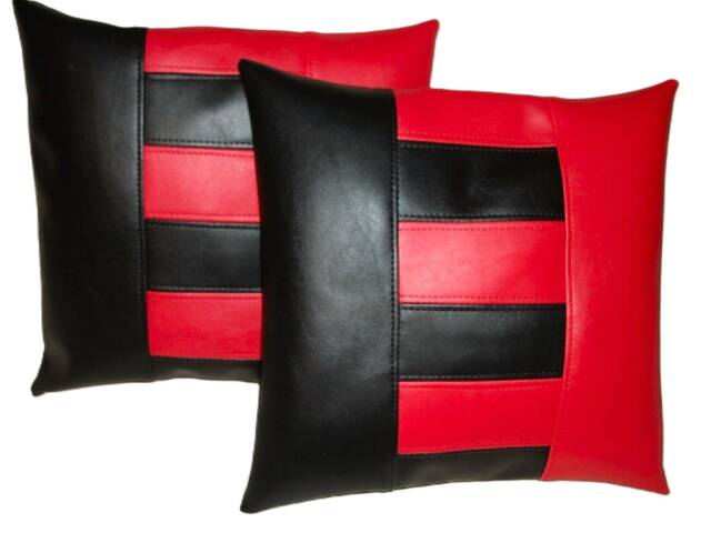2 Black & Red E-Block Design Faux Leather Cushion Covers 40cm 46cm - image 1