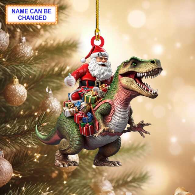Custom Name Santa Riding Dinosaur Personalized Ornament, Christmas Tree Hanging Decor, Flat 2D Ornament - image 1