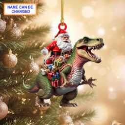 Custom Name Santa Riding Dinosaur Personalized Ornament, Christmas Tree Hanging Decor, Flat 2D Ornament - thumbnail 1