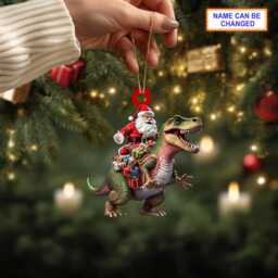 Custom Name Santa Riding Dinosaur Personalized Ornament, Christmas Tree Hanging Decor, Flat 2D Ornament - thumbnail 2