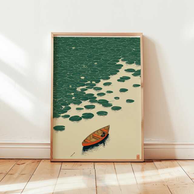Minimalist Canoe Art Print - Japanese Zen Lily Pad Poster Emerald Green & Ochre Lake Scenery Wall Decor - image 1