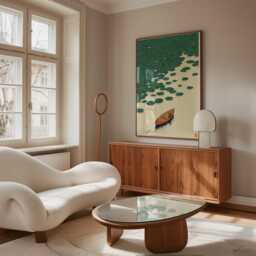 Minimalist Canoe Art Print - Japanese Zen Lily Pad Poster Emerald Green & Ochre Lake Scenery Wall Decor - thumbnail 3