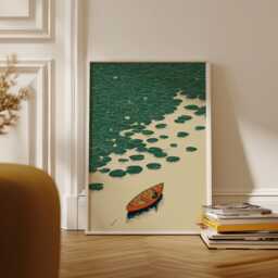 Minimalist Canoe Art Print - Japanese Zen Lily Pad Poster Emerald Green & Ochre Lake Scenery Wall Decor - thumbnail 2