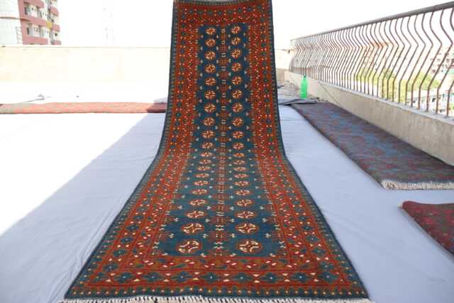 Navy Blue 2'9x9'4 Ft Runner Rug, Afghan Hand Knotted Wool Mowri Design Bukhara Oriental Turkmen Hallway - image 1