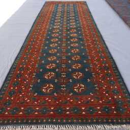 Navy Blue 2'9x9'4 Ft Runner Rug, Afghan Hand Knotted Wool Mowri Design Bukhara Oriental Turkmen Hallway - thumbnail 3