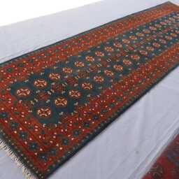 Navy Blue 2'9x9'4 Ft Runner Rug, Afghan Hand Knotted Wool Mowri Design Bukhara Oriental Turkmen Hallway - thumbnail 2