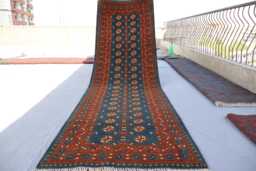 Navy Blue 2'9x9'4 Ft Runner Rug, Afghan Hand Knotted Wool Mowri Design Bukhara Oriental Turkmen Hallway - thumbnail 1