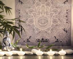 Handmade Hamsa Tapestry Buddha Meditation Wall Hanging, Bohemian Beach Throw Hand Of Fatima Bedsheet